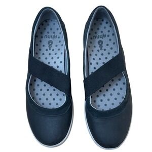 Ahnu Karma Black Leather Suede Mary Jane Elastic Strap Flats Shoes Womens 8